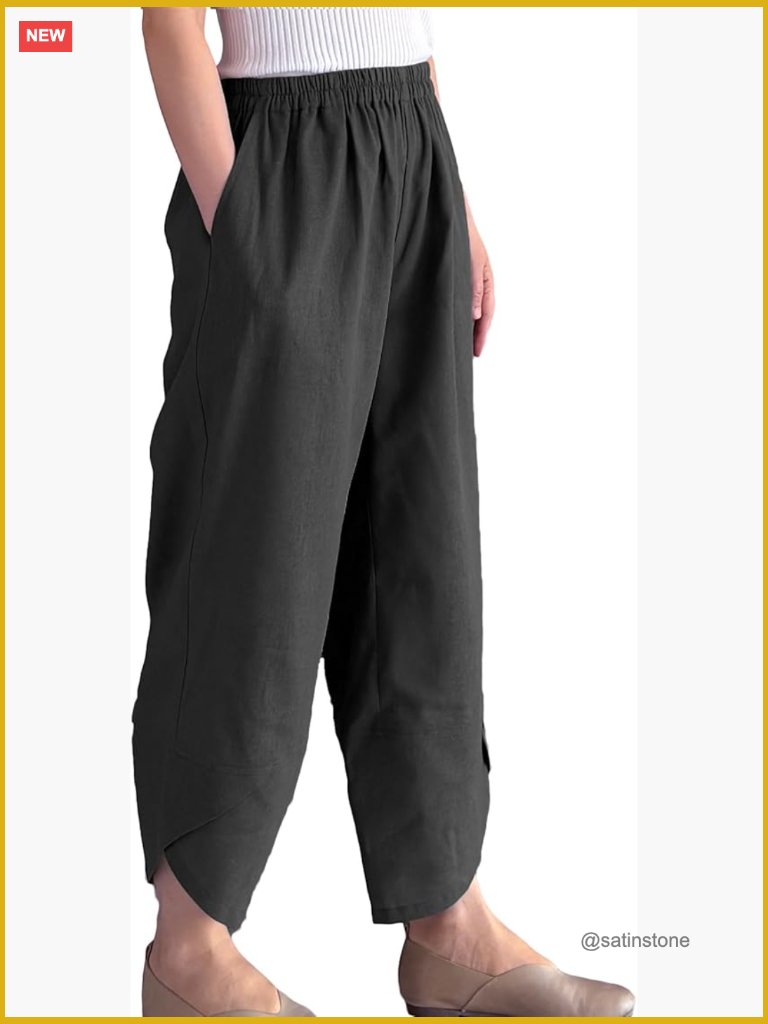 Women's Linen Harem Pants - Wide Leg Elastic Waist Trousers